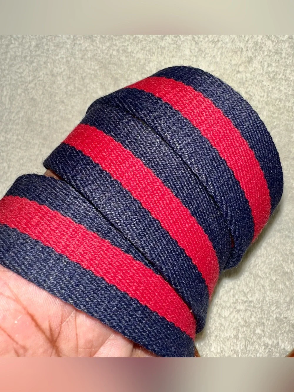 Vintage Leather Man Ltd Navy Red Stripe Canvas Leather Belt Solid Brass Sz 42